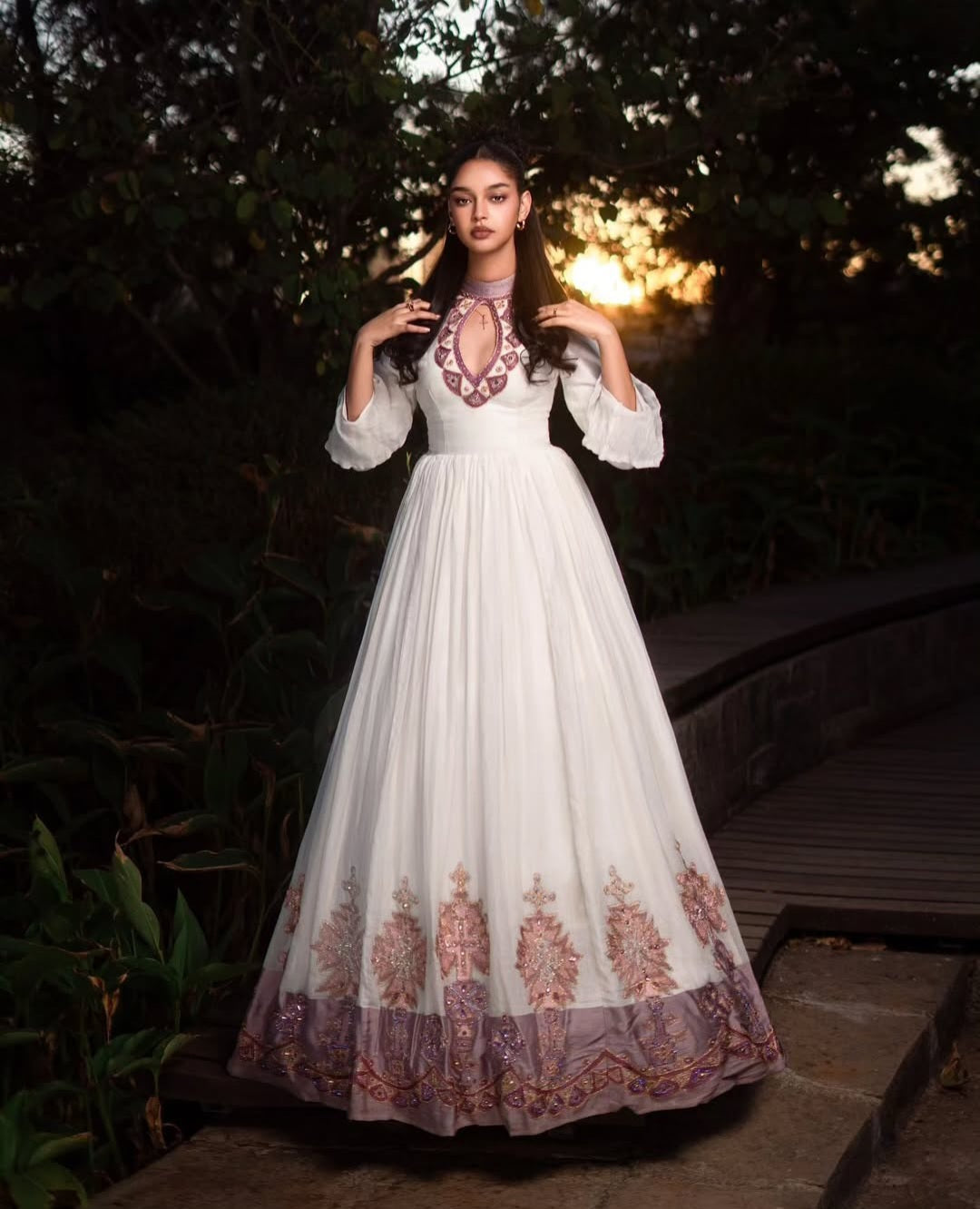 Handmade Traditional Habesha Kemis Dress - Ethiopian Zuria, Cultural Ethiopian Dress for Women with Purple Details Bezawit