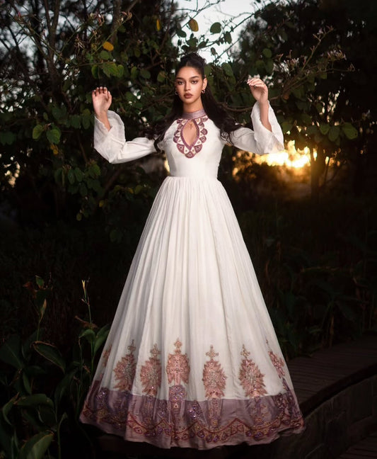 Handmade Traditional Habesha Kemis Dress - Ethiopian Zuria, Cultural Ethiopian Dress for Women with Purple Details Bezawit