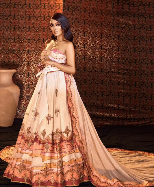 Strapless Ethiopian Habesha Dress – Off-White Gown with Pink, Orange & Gold Embroidery Bezawit