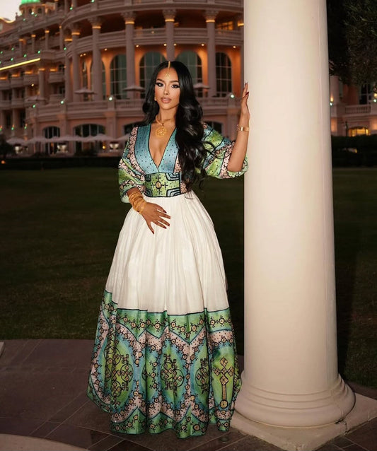 Modern Ethiopian Habesha Kemis – White Dress with Green, Blue & Gold Embroidery Bezawit