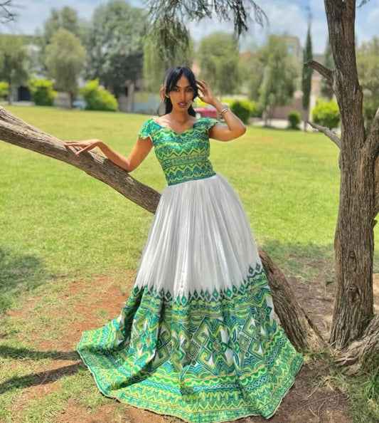 Ethiopian habesha Dress with Green & Gold Embroidery – Traditional Habesha Kemis Bezawit