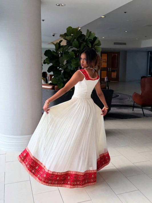 Striking White & Ruby Red Ethiopian Graduation Dress with Gold Details Bezawit