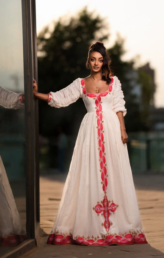 Red & Gold Embroidered Dress with Cross Detail- White Ethiopian Habesha Kemis Bezawit