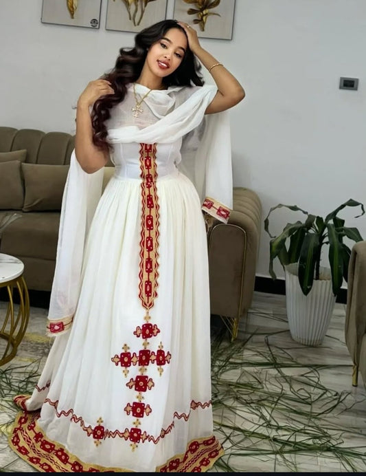 Elegant White & Scarlet Red Modern Habesha Kemis with Matching Netela Bezawit