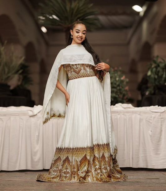 Sophisticated Cream & Bronze Traditional Ethiopian Dress with Geometric Motifs Bezawit