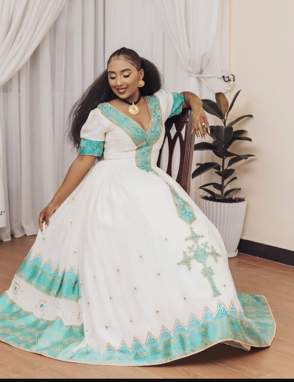 Dazzling White & Turquoise Wedding Modern Habesha Dress