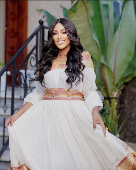 Habesha Kemis with Pink, Orange & Gold Embroidery - White Ethiopian Wedding Dress Bezawit