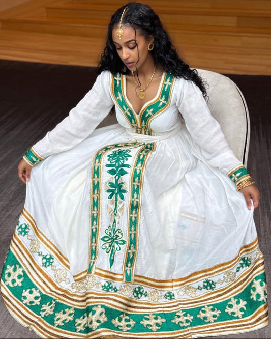 Verdant Green & Gold Classic Habesha Kemis with Deep V-Neck Bezawit