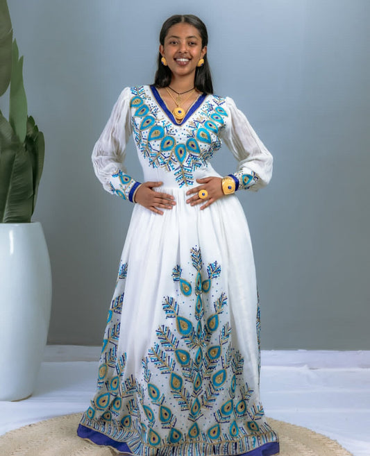Artistic White & Royal Blue Ethiopian Dress with Peacock Feather Motifs Bezawit