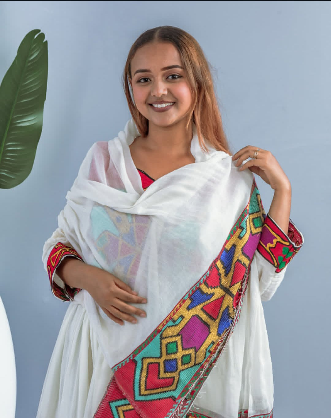 Vibrant Multicolor Ethiopian Habesha Dress – Artistic Cultural Gown with Netela Bezawit
