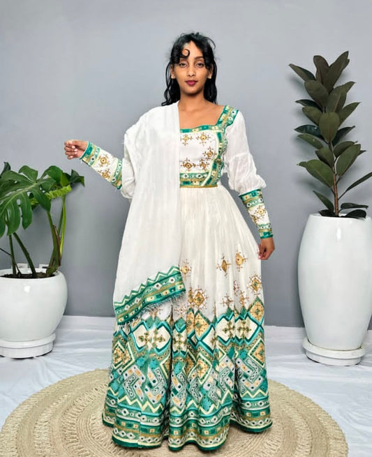 Green & Gold Accented Dress with Shawl - White Ethiopian Habesha Kemis Bezawit