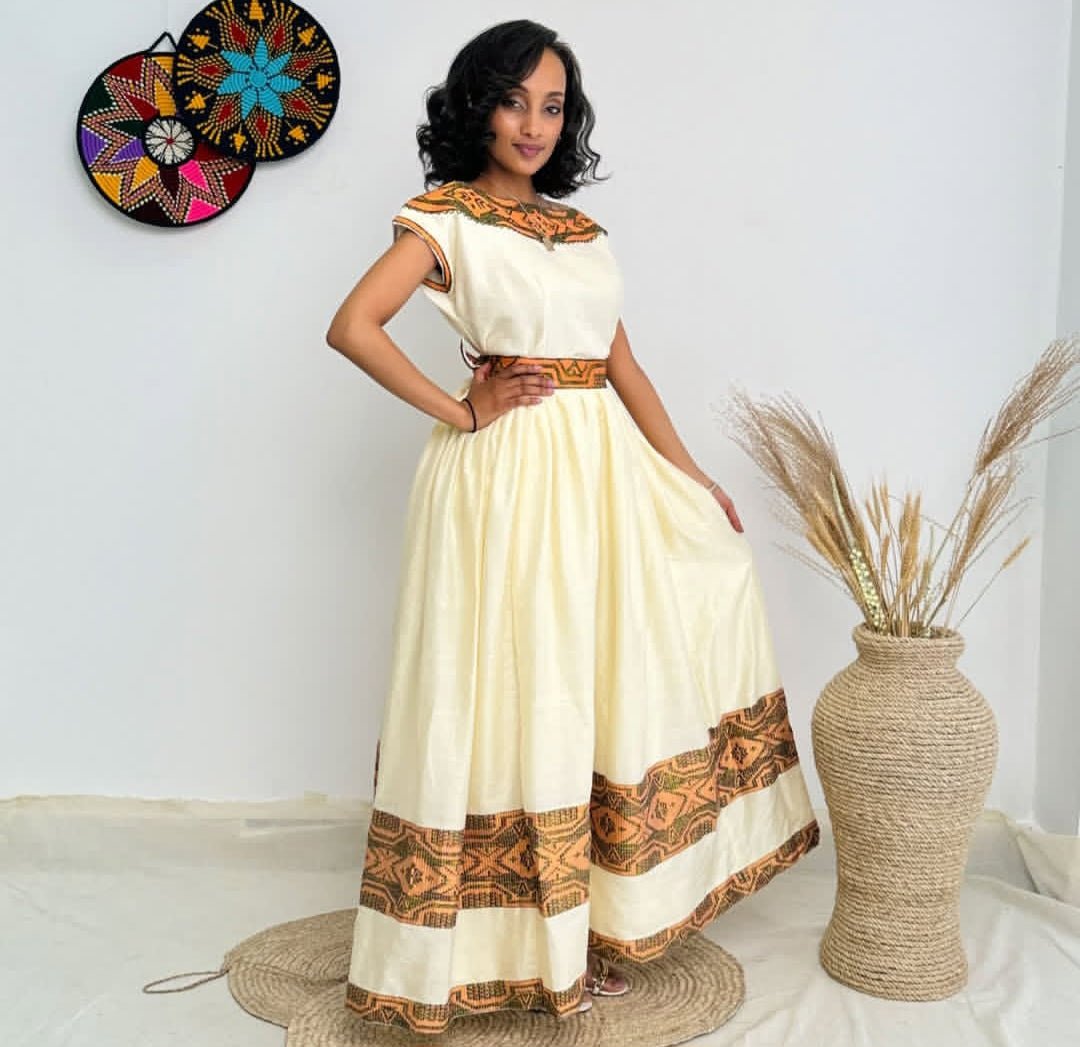 Beige Traditional Habesha Dress – Ethiopian Cultural Outfit with Earth-Tone Embroidery Bezawit