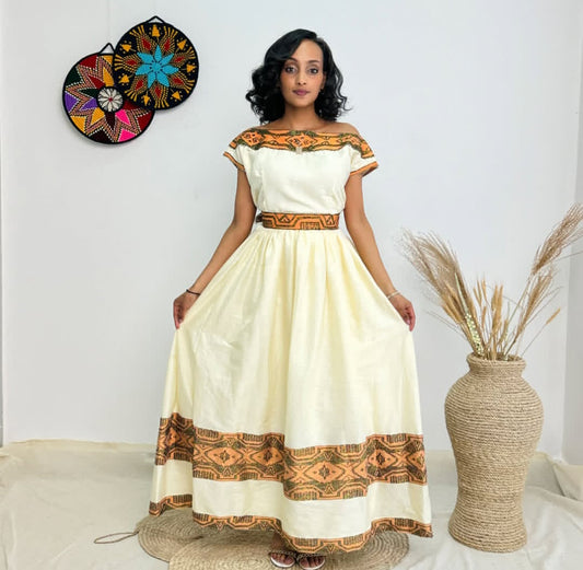 Beige Traditional Habesha Dress – Ethiopian Cultural Outfit with Earth-Tone Embroidery Bezawit