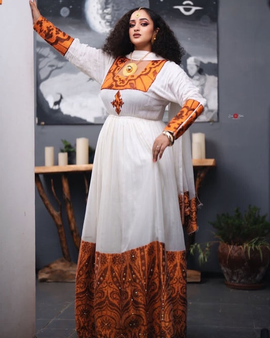 Warm White & Orange Traditional Ethiopian Fashion Dress Bezawit