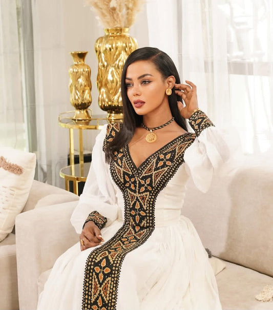 Elegant White & Black Gold Beautiful Habesha Kemis with V-Neck Bezawit