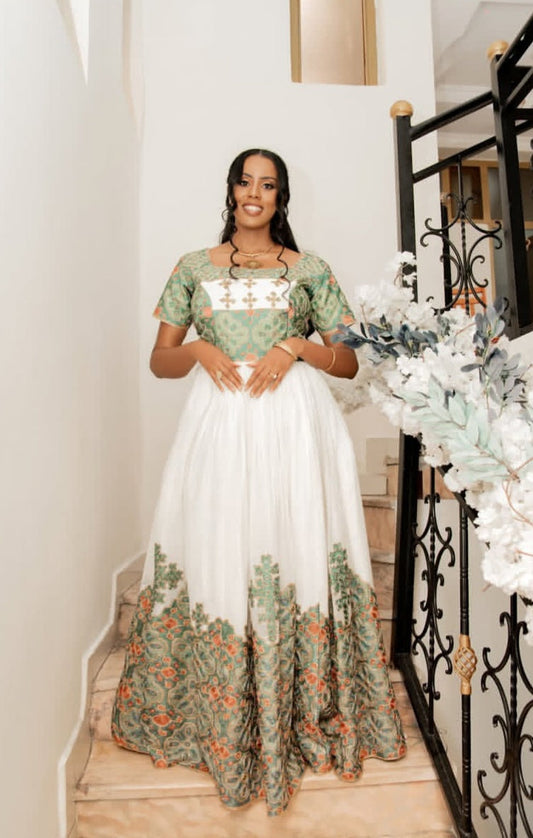 Verdant Green & White Two Piece Habesha Dress with Floral Motifs Bezawit