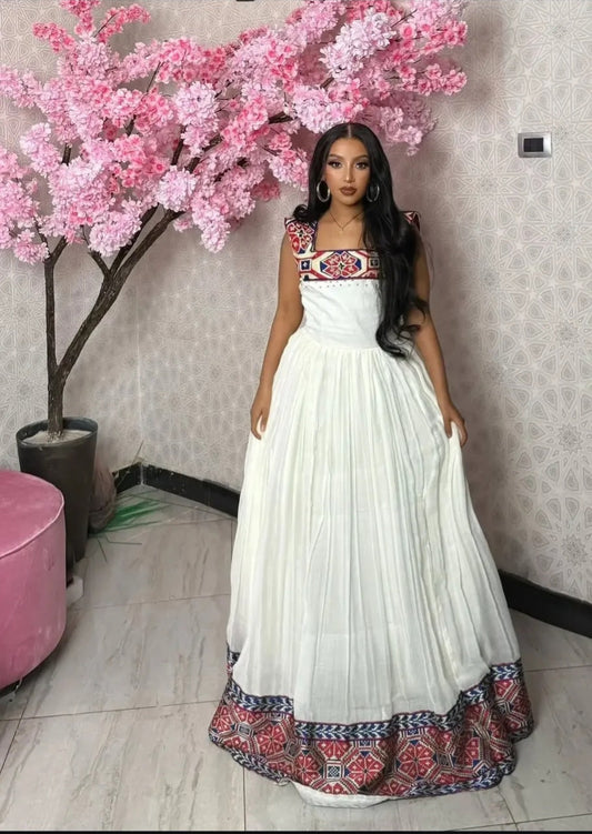 Geometric Red & Blue Habesha Clothing Design with Sleeveless Bodice Bezawit