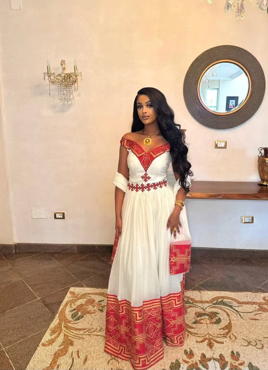 Off-Shoulder White & Crimson Red Wedding Guest Ethiopian Traditional Dress Bezawit
