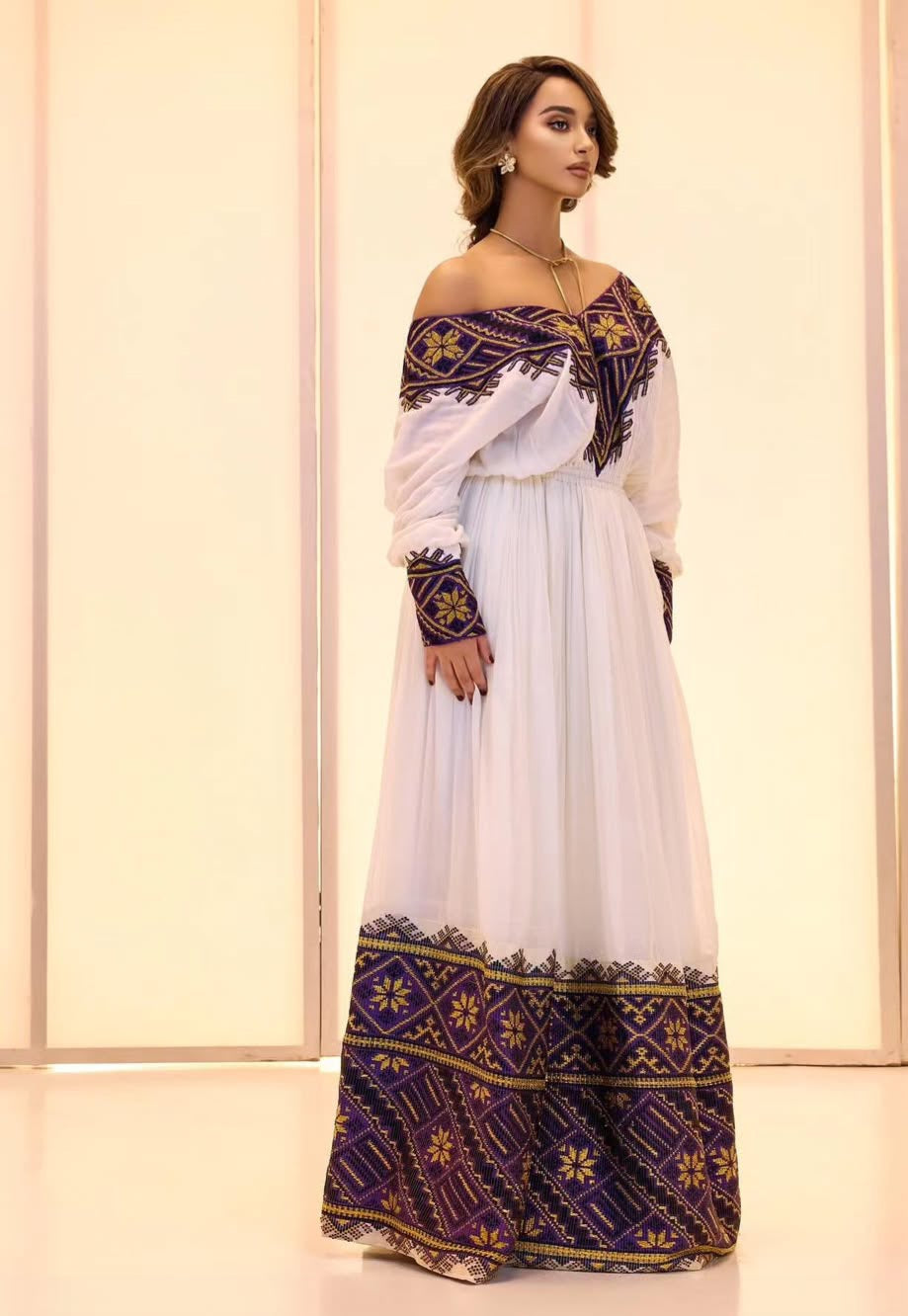 Regal White & Deep Purple Off Shoulder Habesha Kemis with Gold Accents Bezawit