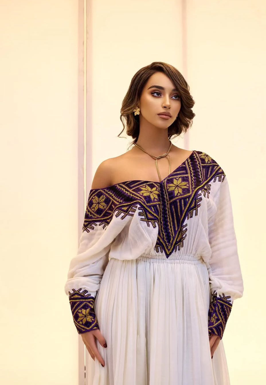 Regal White & Deep Purple Off Shoulder Habesha Kemis with Gold Accents Bezawit