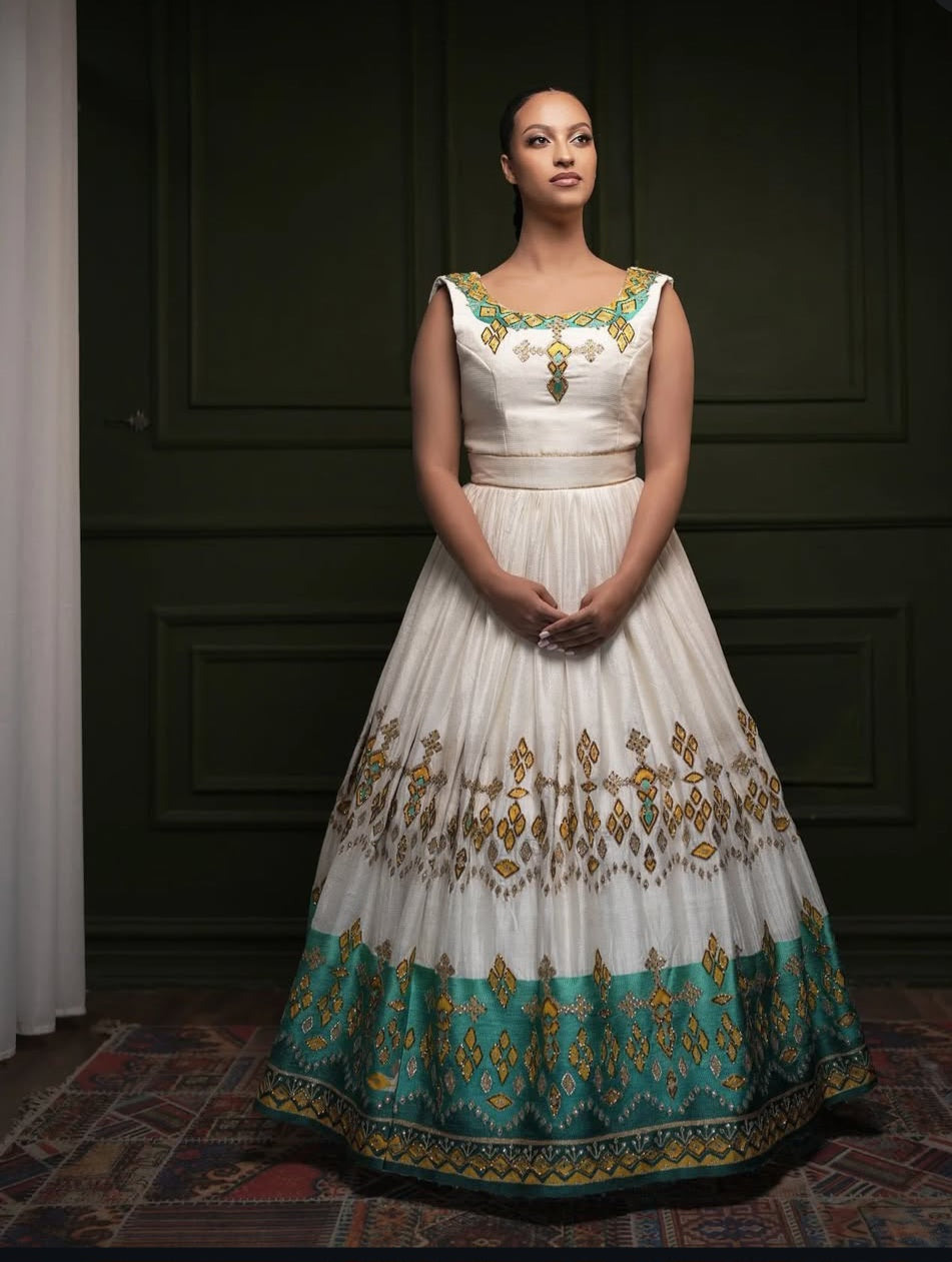 Ivory & Teal green Modern Ethiopian Dress with Abstract Motifs Bezawit