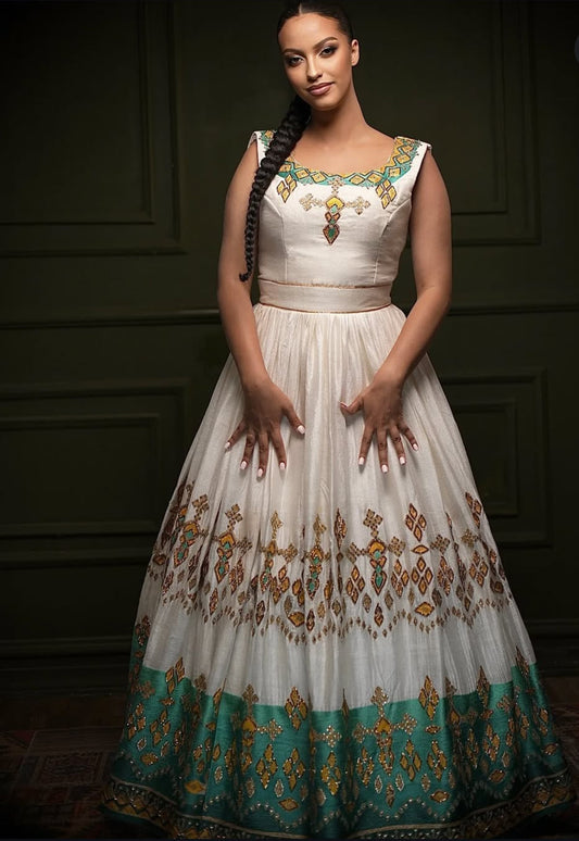Ivory & Teal green Modern Ethiopian Dress with Abstract Motifs Bezawit