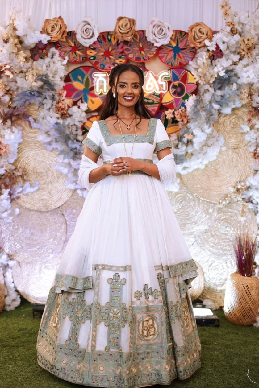 Serene White & Pale Teal wedding Dress with Delicate Embroidery Bezawit