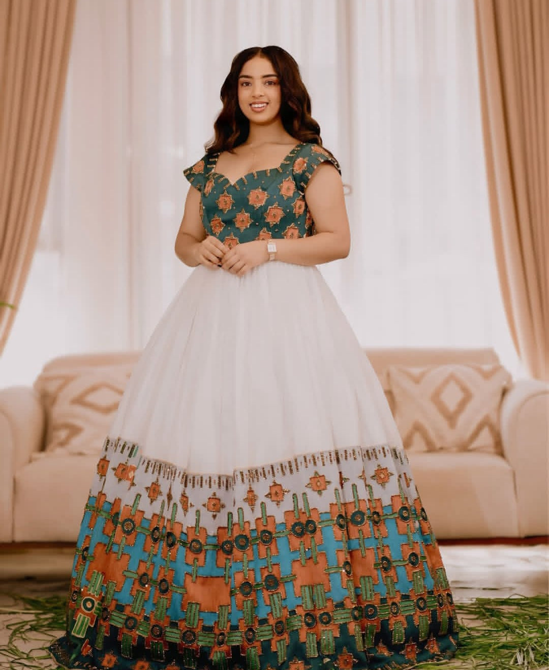Vibrant White & Multi-Color Geometric Modern Ethiopian Dress Bezawit