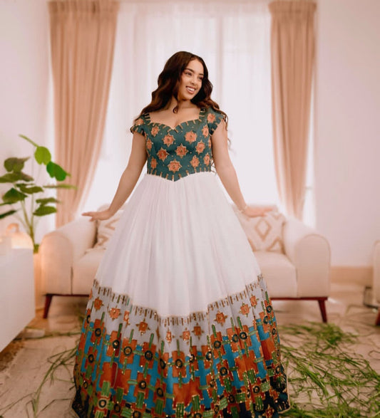 Vibrant White & Multi-Color Geometric Modern Ethiopian Dress Bezawit