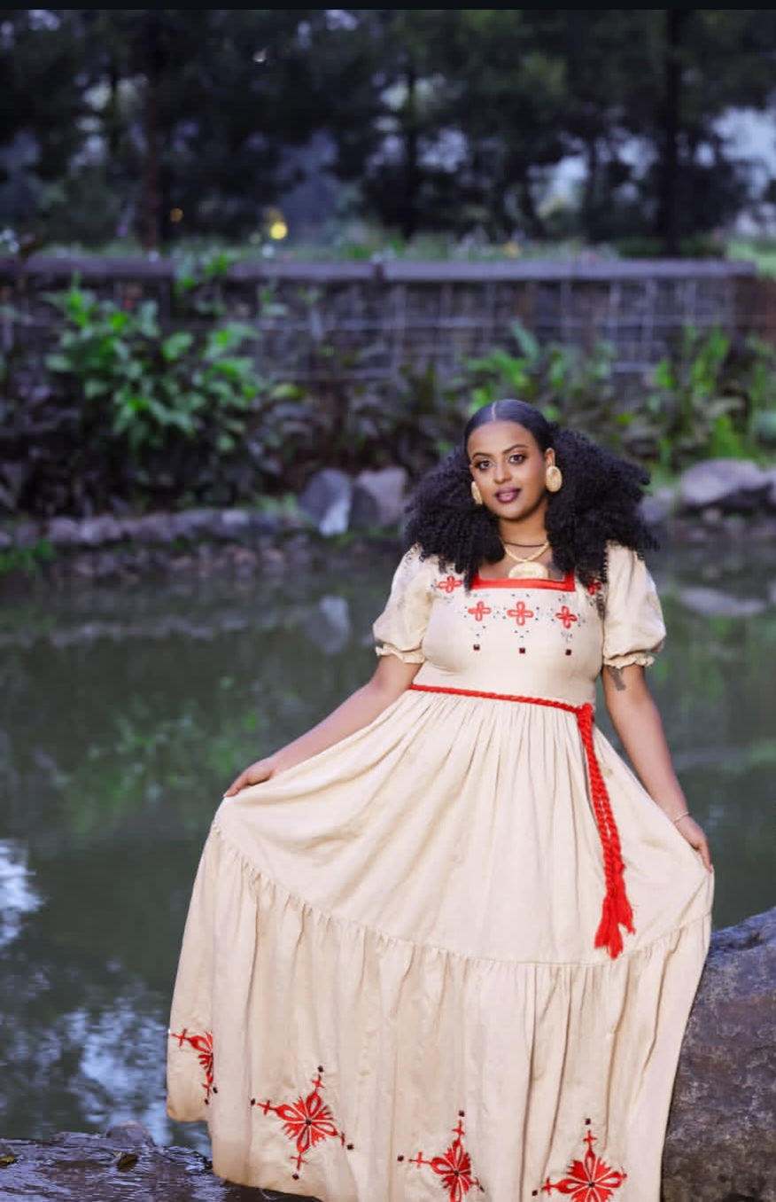 Beige & Crimson Red Habesha Dress with Front Embroidery