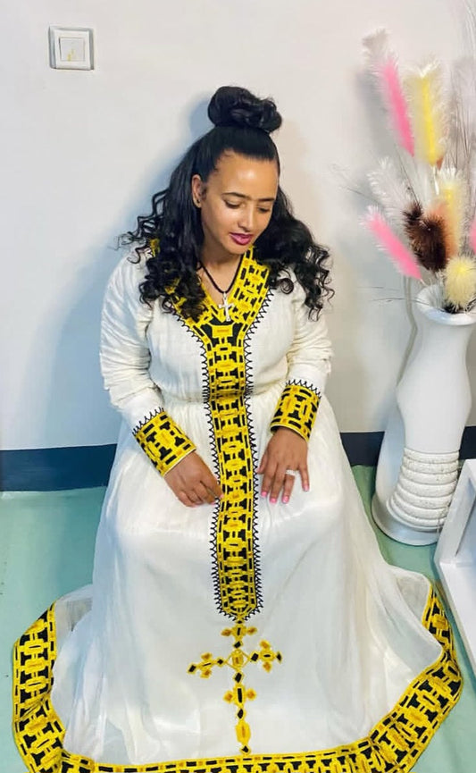 Striking White & Bright Yellow New Ethiopian Traditional Dress Bezawit