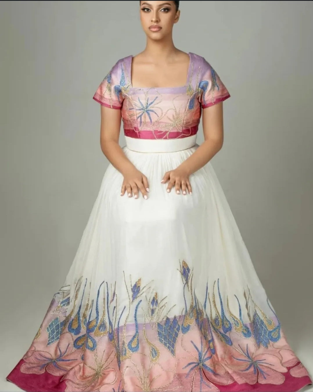 Artistic White & Multi-Color Floral Modern Habesha Dress (Two-Piece Style)
