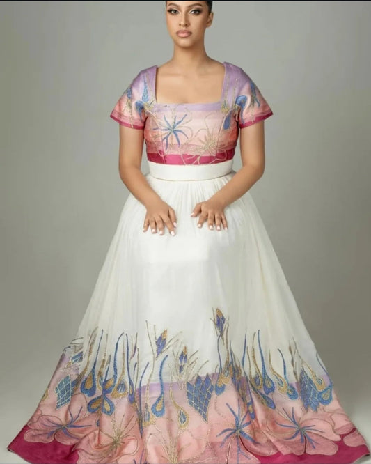 Artistic White & Multi-Color Floral Modern Habesha Dress (Two-Piece Style) Bezawit