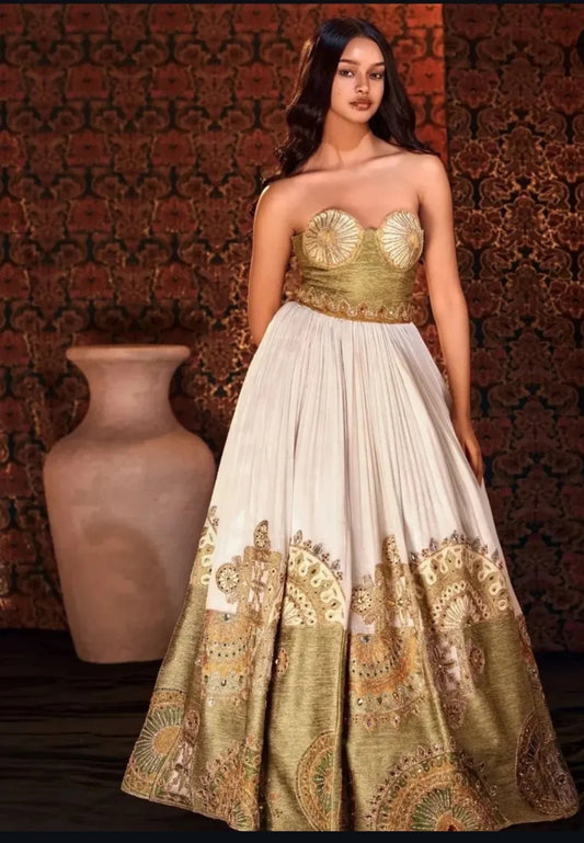 Luxurious Ivory & Antique Gold Strapless Habesha Dress Gown Bezawit