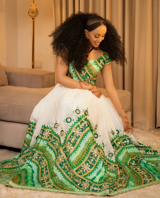 stunning Green & Gold Two-Piece Habesha Dress with Elaborate Embroidery Bezawit