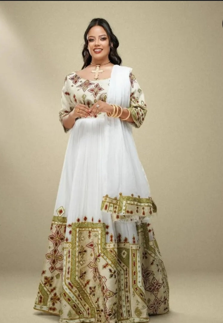 Sophisticated Cream & Multi-Color Habesha Clothing Design with Boat Neck Bezawit