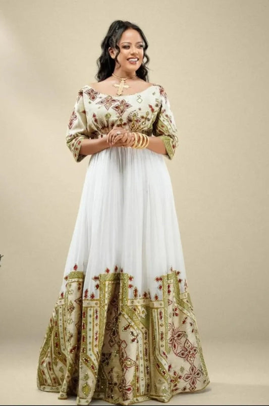 Sophisticated Cream & Multi-Color Habesha Clothing Design with Boat Neck Bezawit