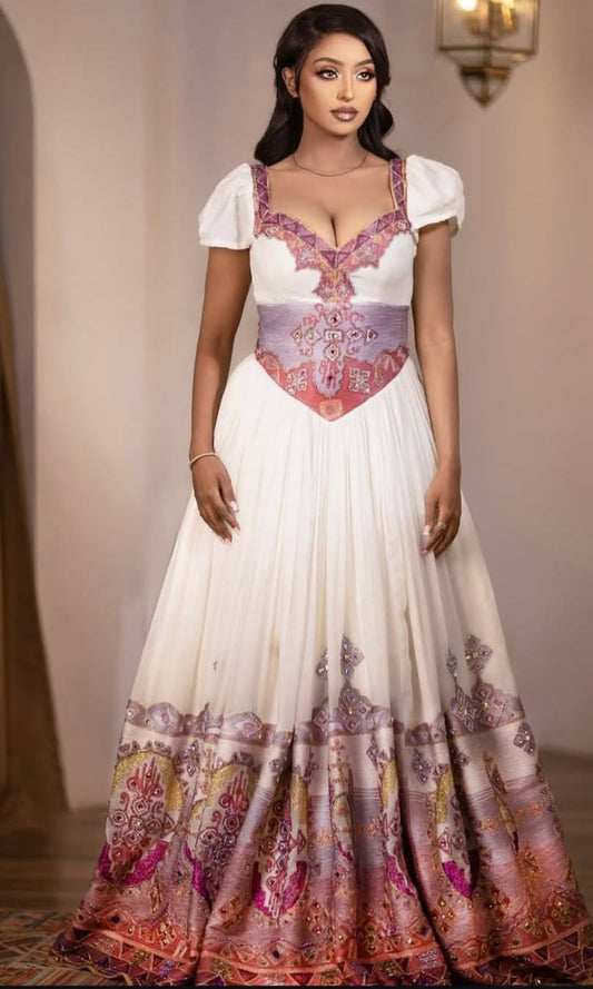 Enchanting White & Multi-Tone Purple Cultural Dress for Weddings Bezawit