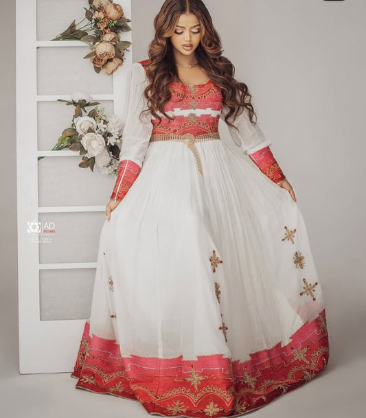 Regal White & Deep Red Traditional Ethiopian Dress with Gold Accents Bezawit