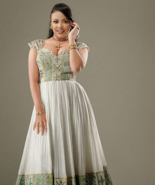Exquisite White & Aqua Green Custom Habesha Dress with Golden Sparkle Bezawit