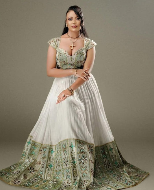 Exquisite White & Aqua Green Custom Habesha Dress with Golden Sparkle Bezawit