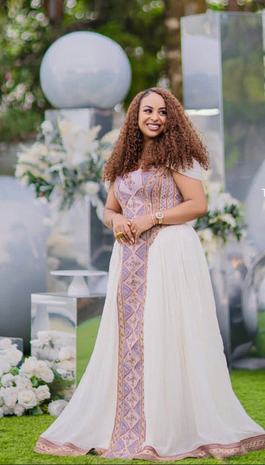 Regal Ivory & Lavender Cultural Dress for Birthday celebration with Detailed Embroidery Bezawit