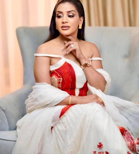 Dazzling White & Scarlet Red Modern Habesha Dress for Gala Evenings Bezawit