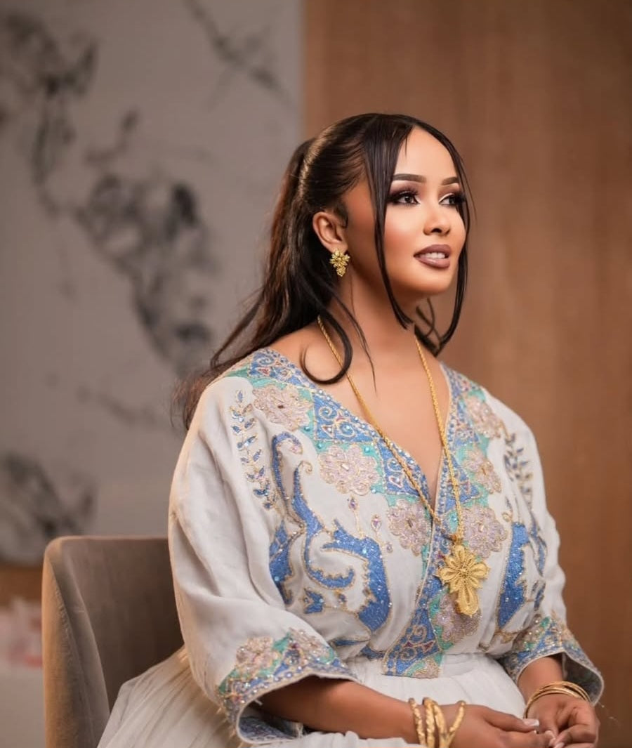 Luxurious Ivory & Royal Blue Handmade Habesha Dress for Special Events Bezawit