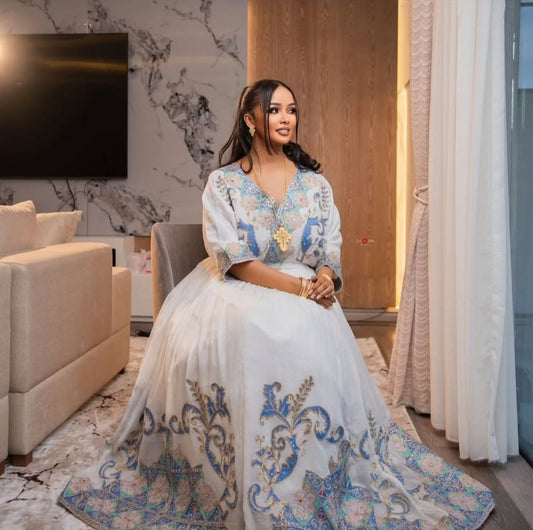 Luxurious Ivory & Royal Blue Handmade Habesha Dress for Special Events Bezawit