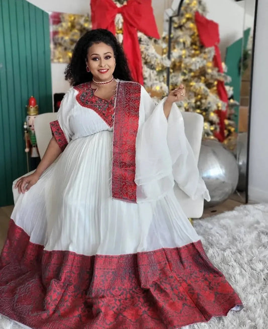 Festive White & Deep Crimson Plus Size Ethnic Clothing with Bold Embroidery Bezawit