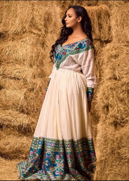 Natural Cream & Multi-Color Modern Ethiopian Dress with V-Neck Bezawit