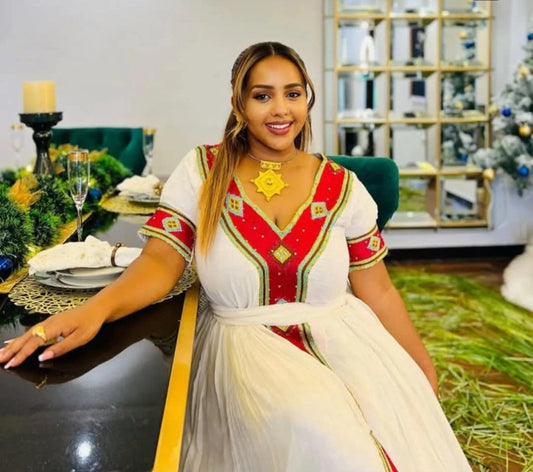 Elegant White & Gold-Trimmed Red Cultural Dress for Weddings with Cross Detail Bezawit