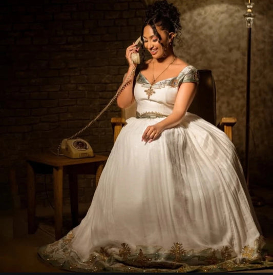 Serene Ivory & Sage Green Handmade Habesha Dress with Siliver Accents Bezawit