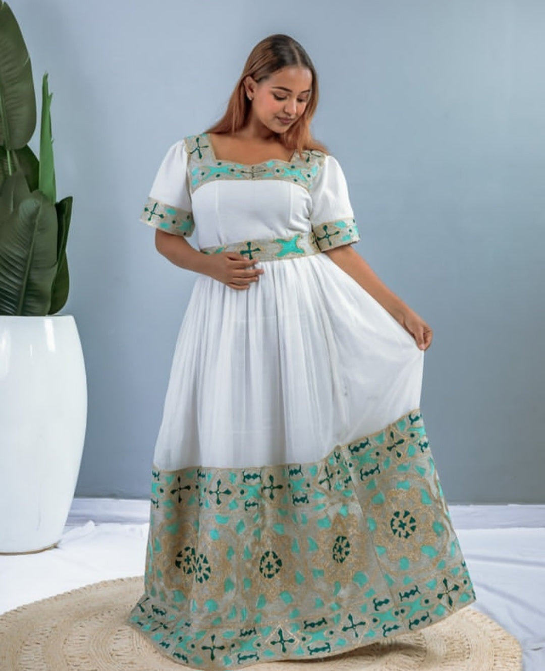 White & Teal Simple Habesha Kemis for Everyday Elegance Bezawit